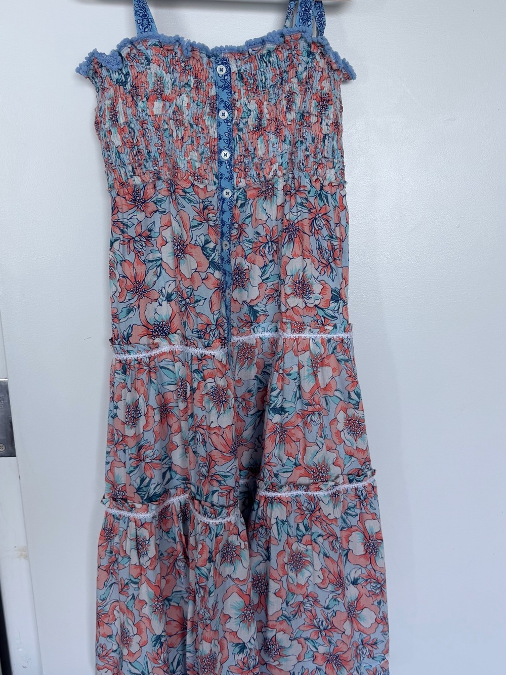 Poupette St. Barth Light Blue and Coral Smocked Floral Dress